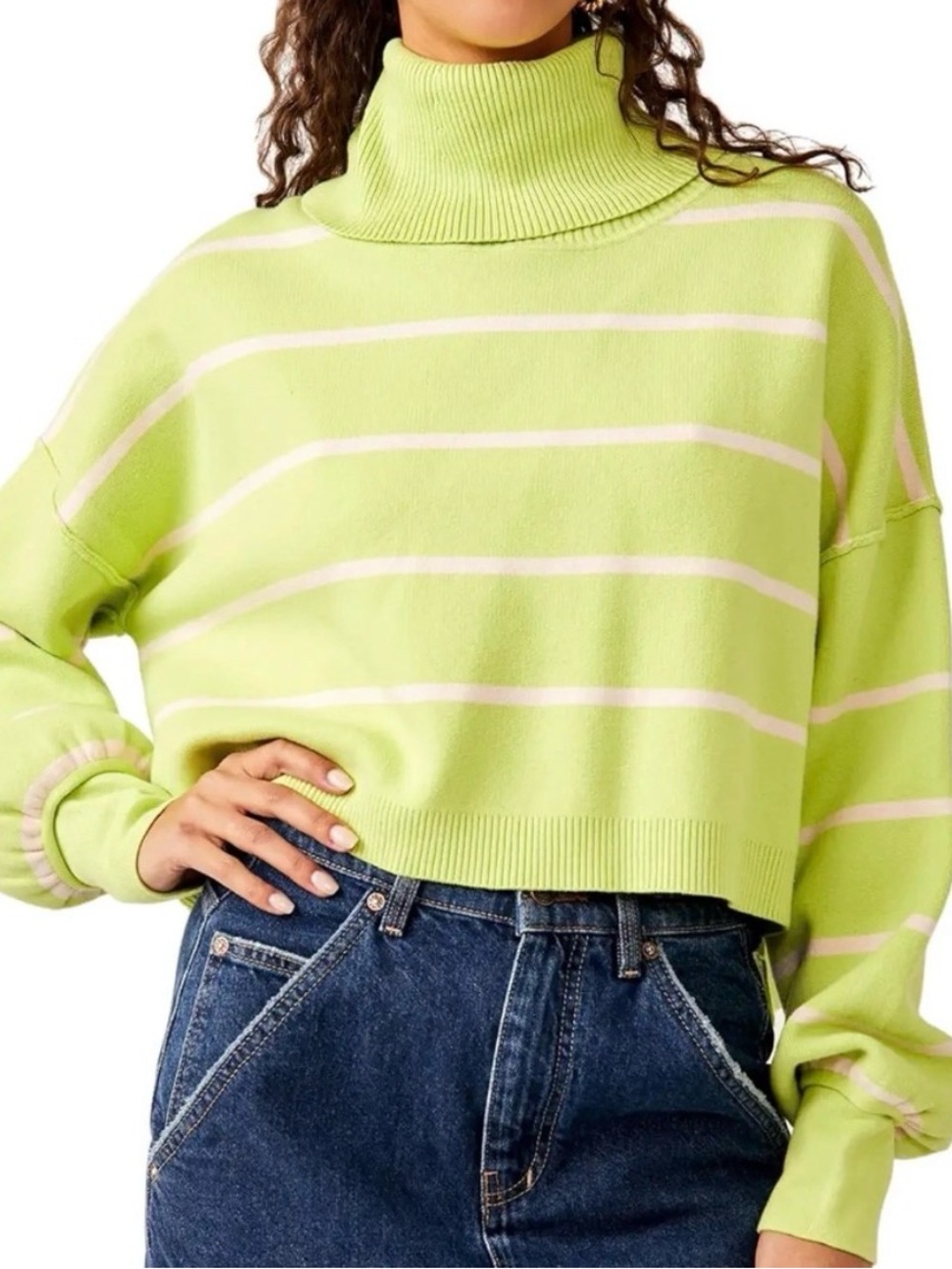 Free People Paulie Sweater Large Green White Striped Turtleneck